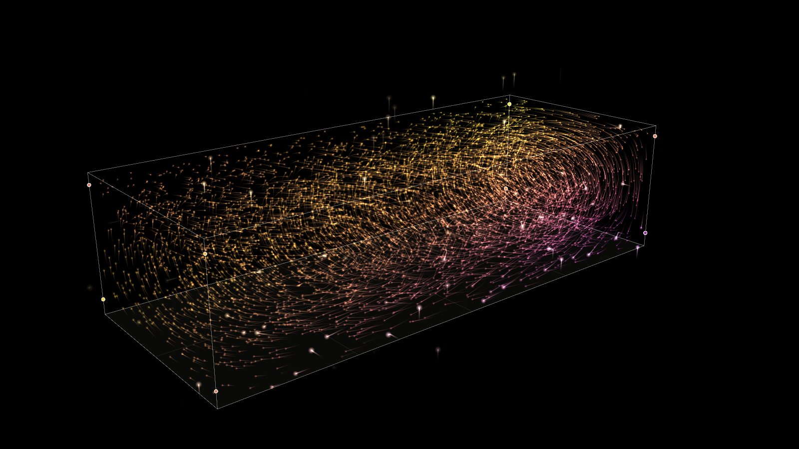 A still of the estimated airflow in the rackhouse: coloured particle trails inside a wireframe of the building